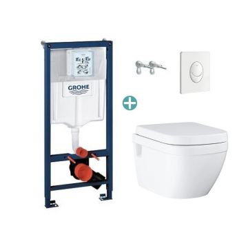 Set rezervor Grohe Rapid SL cu clapeta Skate Air alba si vas wc Grohe Euro Ceramic Rimless prindere la vedere capac soft close