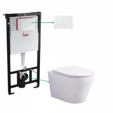 Set vas wc suspendat rimless cu capac soft close Foglia Oslo, rezervor incastrat si clapeta crom lucios, Alcaplast