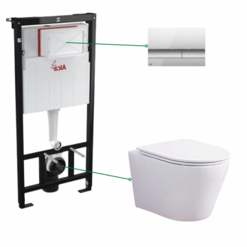 Set vas wc suspendat rimless cu capac soft close Foglia Oslo, rezervor incastrat si clapeta crom mat Alcaplast