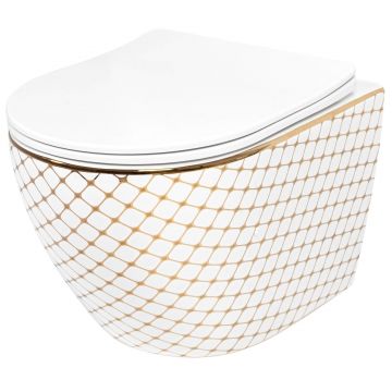 Set vas WC suspendabil rimless Rea Carlos Diamond Gold şi capac soft close alb