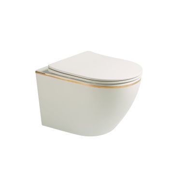 Vas WC Braga, montaj suspendat, din ceramica sanitara, rimless, quick release si soft close, alb lucios cu auriu, Elysium Vas WC Braga, montaj suspendat, din ceramica sanitara, rimless, quick release si soft close, alb lucios cu auriu, Elysium