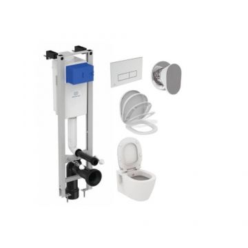 Set Ideal Standard Connect rezervor incastrat, Vas WC cu functie de bideu, clapeta crom, capac cu inchidere lenta, baterie - Montaj suspendat