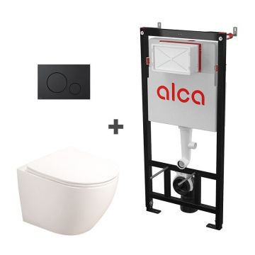 Set ramă de montaj cu rezervor și clapetă de acționare cu butoane rotunde, negru mat, Alcadrain și vas WC suspendat Fluminia, Alfonzo