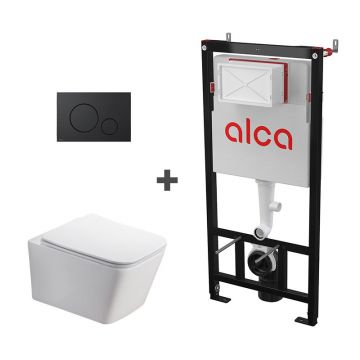 Set ramă de montaj cu rezervor și clapetă de acționare cu butoane rotunde, negru mat, Alcadrain și vas WC suspendat Fluminia, Paris