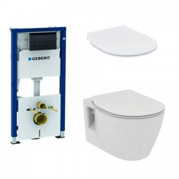 Set rezervor Geberit duofix Delta + clapeta Delta 50 negru + vas WC Connect suspendat + capac Connect slim - Montaj suspendat