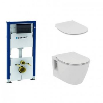Set rezervor Geberit duofix Delta + clapeta Delta 50 negru + vas WC Connect suspendat + capac Connect soft-close slim - Montaj suspendat