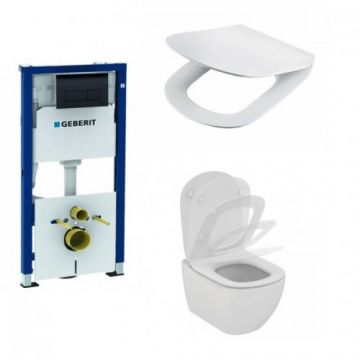 Set rezervor Geberit duofix Delta + clapeta Delta 50 negru + vas WC Tesi Aquablade Suspendat + capac Tesi cu inchidere normala - Montaj suspendat