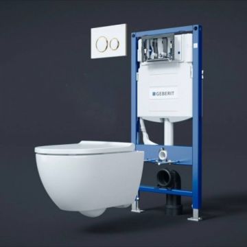 Set vac WC Geberit Acanto+capac quick release + rezervor incastrat Geberit Duofix Sigma de 12cm+Clapeta SIGMA 20 alb-auriu - Montaj suspendat