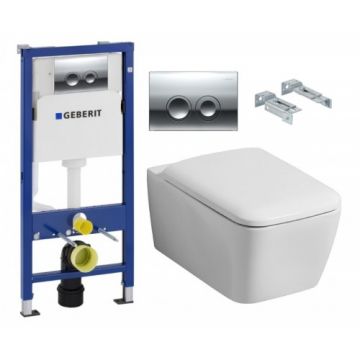 Set vas Wc Geberit Icon Square Rimfree suspendat cu capac soft-close si rezervor Delta - Montaj suspendat