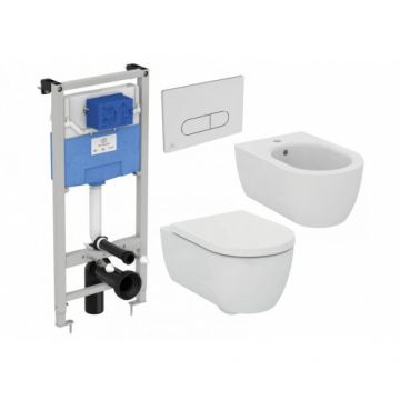 Set vas Wc Ideal Standard Blend Curve cu capac soft-close + bideu rezervor Prosys si clapeta crom - Montaj suspendat