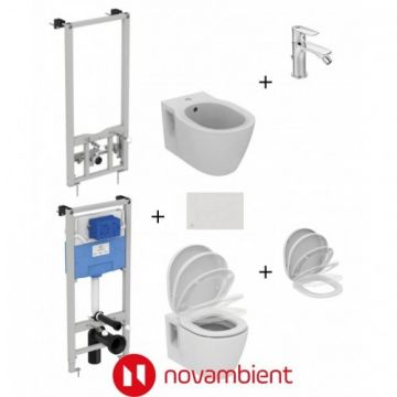 Set vas Wc Ideal Standard Connect + capac soft-close + bideu cu baterie + rezervor Prosys 120 cu clapeta Oleas + cadru bideu - Montaj suspendat