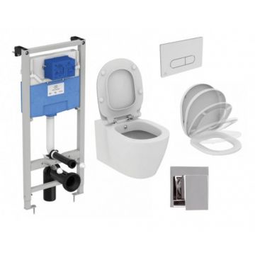 Set vas Wc Ideal Standard Connect cu functie bideu + capac soft-close + rezervor incastrat Prosys cu clapeta si baterie Skyline - Montaj suspendat
