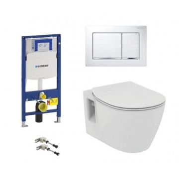 Set vas Wc Ideal Standard Connect suspendat, capac soft-close, rezervor Geberit Duofix Sigma si clapeta Sigma 30 alb-crom - Montaj suspendat