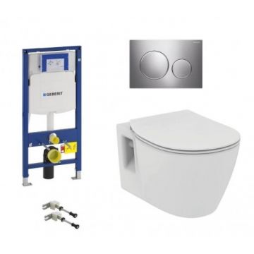 Set vas Wc Ideal Standard Connect suspendat cu rezervor incastrat Geberit Duofix Sigma si clapeta Sigma 20 crom lucios mat - Montaj suspendat