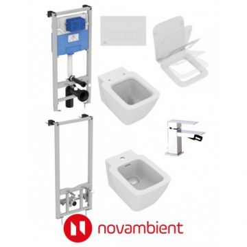Set vas Wc Ideal Standard Strada II +capac soft-close slim+bideu Strada II cu baterie Skyline+rezervor si clapeta Oleas M2+cadru - Montaj suspendat