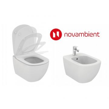 Set Vas Wc Ideal Standard Tesi Aquablade + capac slim cu inchidere lenta + bideu + baterie bideu - Montaj suspendat