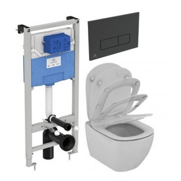 Set vas Wc Ideal Standard Tesi Aquablade + capac soft-close + rezervor incastrat Prosys 120 + clapeta Oleas M2, negru - Montaj suspendat