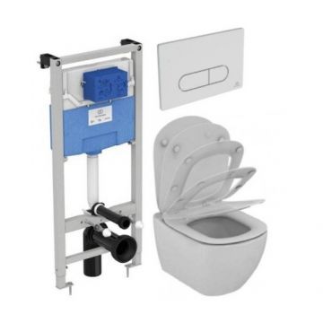 Set vas wc Ideal Standard Tesi Aquablade cu capac cu inchidere lenta si rezervor incastrat Prosys cu clapeta Oleas M1, crom - Culoare Alb pal