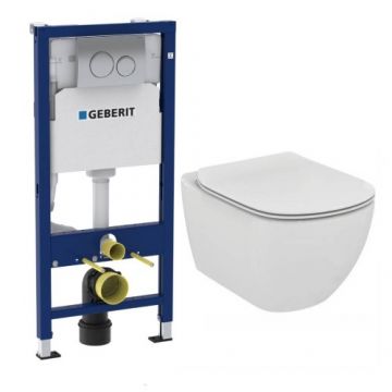 Set vas wc Ideal Standard Tesi Aquablade cu capac Tesi slim si rezervor Geberit Duofix Delta Plus cu clapeta Delta 20 crom - Culoare Alb pal