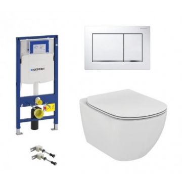 Set vas Wc Ideal Standard Tesi Aquablade suspendat cu capac soft-close, rezervor Geberit Duofix Sigma, clapeta alb crom lucios - Montaj suspendat