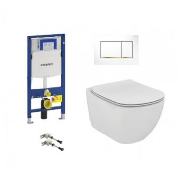 Set vas Wc Ideal Standard Tesi Aquablade suspendat cu rezervor incastrat Geberit Duofix Sigma si clapeta Sigma 30 alb cu auriu - Montaj suspendat