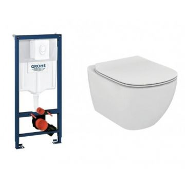 Set vas Wc Ideal Standard Tesi Aquablade suspendat cu rezervor incastrat Grohe Rapid SL si clapeta Skate Air alb - Montaj suspendat