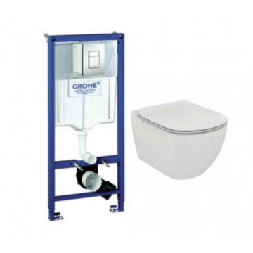 Set vas Wc Ideal Standard Tesi cu capac slim cu rezervor incastrat Rapid SL cu clapeta Skate Cosmo crom si set fixare Grohe - Montaj suspendat