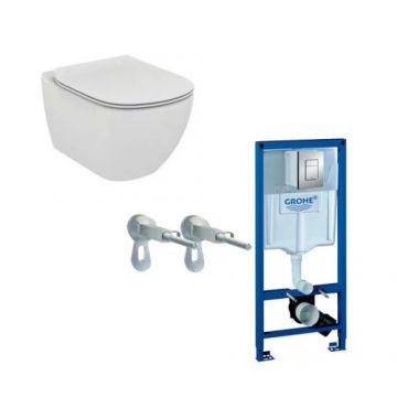 Set vas Wc Ideal Standard Tesi cu capac soft-close + rezervor incastrat Grohe Rapid SL cu clapeta Skate Cosmo crom si set fixare - Montaj suspendat