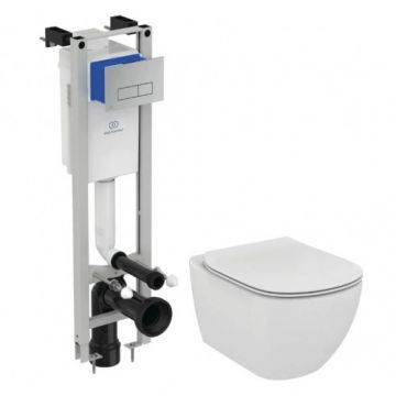 Set vas Wc Ideal Standard Tesi Rimless suspendat + capac + rezervor incastrat Prosys si clapeta de actionare crom Oleas M2 - Montaj suspendat