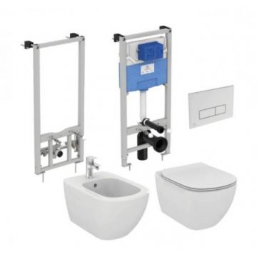 Set vas Wc Ideal Standard Tesi si bideu + capac soft-close + baterie si cadru bideu + rezervor incastrat Prosys +clapeta OleasM2 - Montaj suspendat