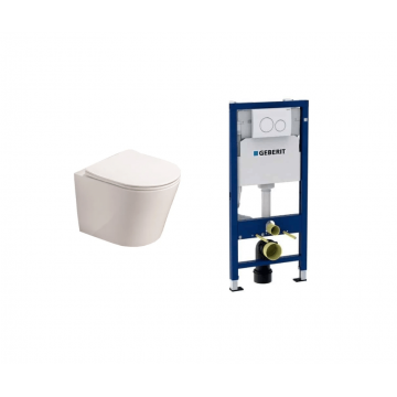 Pachet vas WC suspendat Clementina Alb cu rezervor Geberit si clapeta alba Delta 20