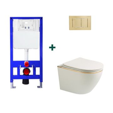 Set baie vas WC Braga alb lucios cu cadru incastrat si clapeta aurie AC-BA, Elysium