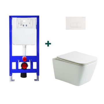 Set baie vas WC Setubal alb lucios cu cadru incastrat si clapeta alba, Elysium