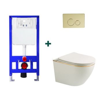 Set baie vas WC Setubal alb lucios cu cadru incastrat si clapeta aurie, Elysium