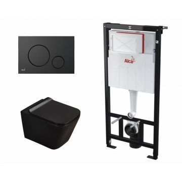 Set complet vas WC suspendat, Fluminia, Paris negru, cu rezervor Alca si clapeta M678 neagra