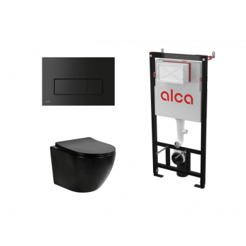 Set ramă de montaj cu rezervor și clapetă de acționare negru mat, Alcadrain și vas WC suspendat Fluminia Ricci Tornado negru mat