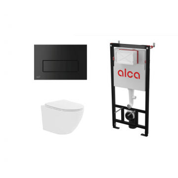 Set ramă de montaj cu rezervor și clapetă de acționare negru mat, Alcadrain și vas WC suspendat Fluminia, Ricci Tornado