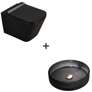 Set vas wc rimless cu capac soft close Paris plus lavoar baie rotund sticla securizata neagra