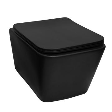 Set vas WC suspendat, Fluminia, Paris, rimless, cu capac quick release si soft close, negru mat