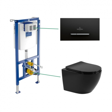 Set vas wc suspendat rimless Leziter Delano cu cadru wc suspendat cu rezervor wc incastrat Villeroy  Boch ViConnect si clapeta de actionare dual-flush, negra, Villeroy  Boch ViConnect