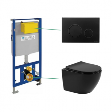 Set vas wc suspendat rimless Leziter Delano cu set rezervor incastrat Schwab si clapeta de actionare negru mat, Schwab Vela