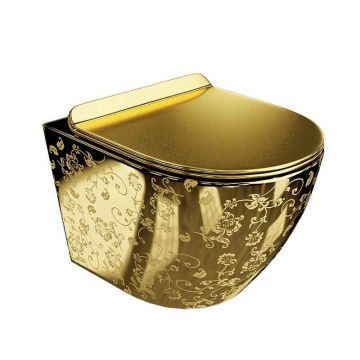 Set vas WC suspendat Spectrum, Trendi Slim, rimless, cu capac soft close, auriu cu model floral