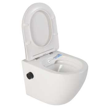 Vas wc suspendat, cu functie bideu, semirotund, rimless, apă calda/rece, capac soft close, baterie negru mat Foglia Oslo