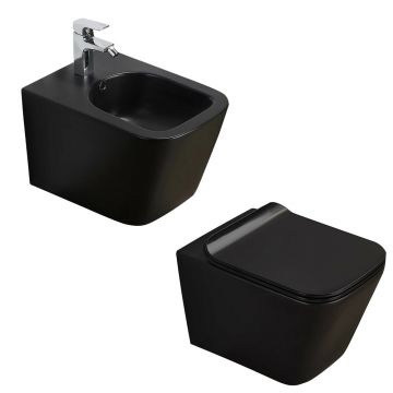 Pachet vas wc negru mat, capac slim softclose si bideu suspendat negru mat Rune Jord