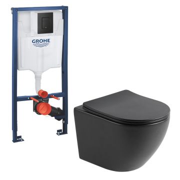 Pachet vas wc negru mat Rune Ivaldi, capac slim softclose si rezervor Grohe Solido 3 in 1 cu clapeta neagra Even