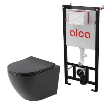 Pachet vas wc negru mat Rune Ivaldi, capac slim softclose si rezervor wc cu cadru incastrat Alcadrain Sadromodul AM101/1120