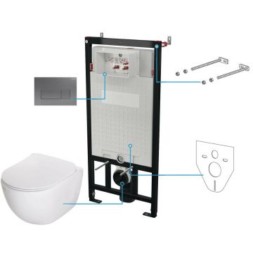 Set vas wc suspendat cu capac Deante Peonia rimless, rezervor incastrat si clapeta actionare titan