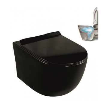 Set vas WC suspendat Inter Ceramic Rimless cu capac slim softclose finisaj negru lucios