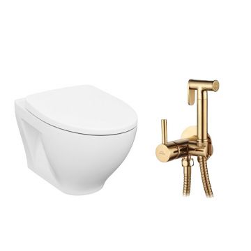 Pachet vas wc suspendat Cersanit Moduo, capac softclose si set dus igiena intima cu baterie incastrata Invena Bidetta auriu