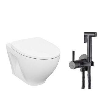 Pachet vas wc suspendat Cersanit Moduo, capac softclose si set dus igiena intima negru cu baterie incastrata Invena Bidetta